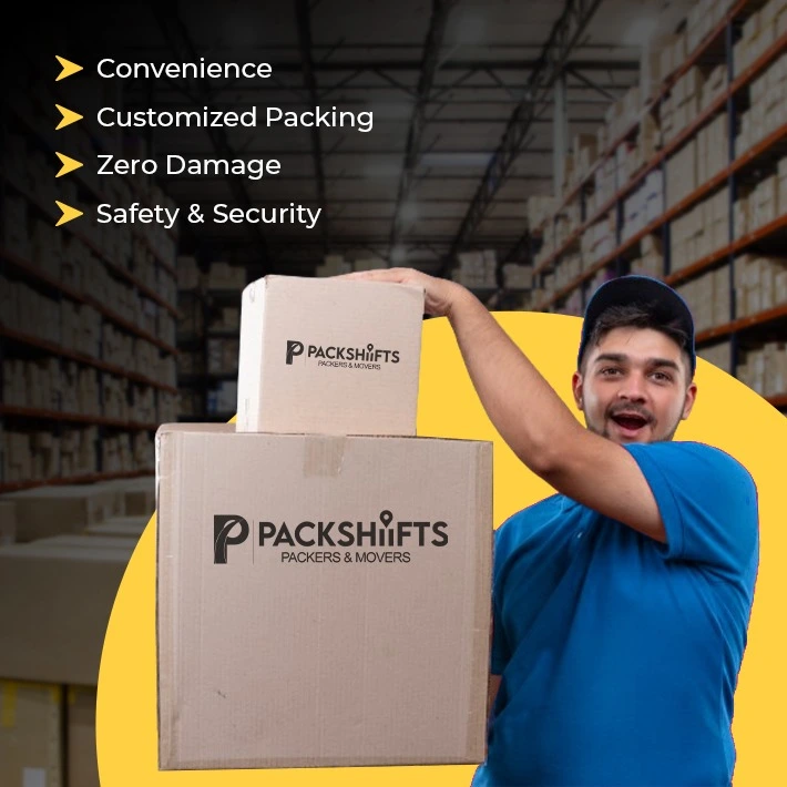 a man holding a moving box with the words convenience, customized packing, damage, zero safety.